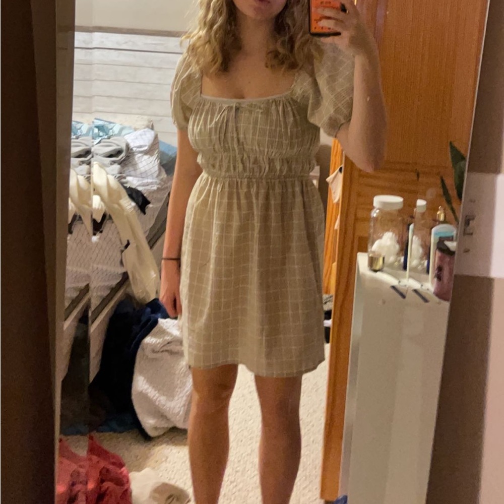 Plaid print puffy shoulder dress